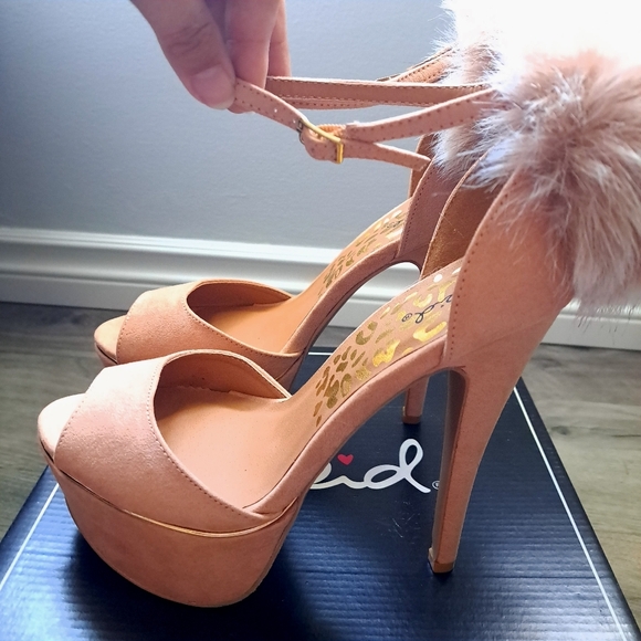 Qupid | Blush suede pu~ tan/Pinkish open toed heels with ankle strap and Pom Pom - Picture 8 of 10